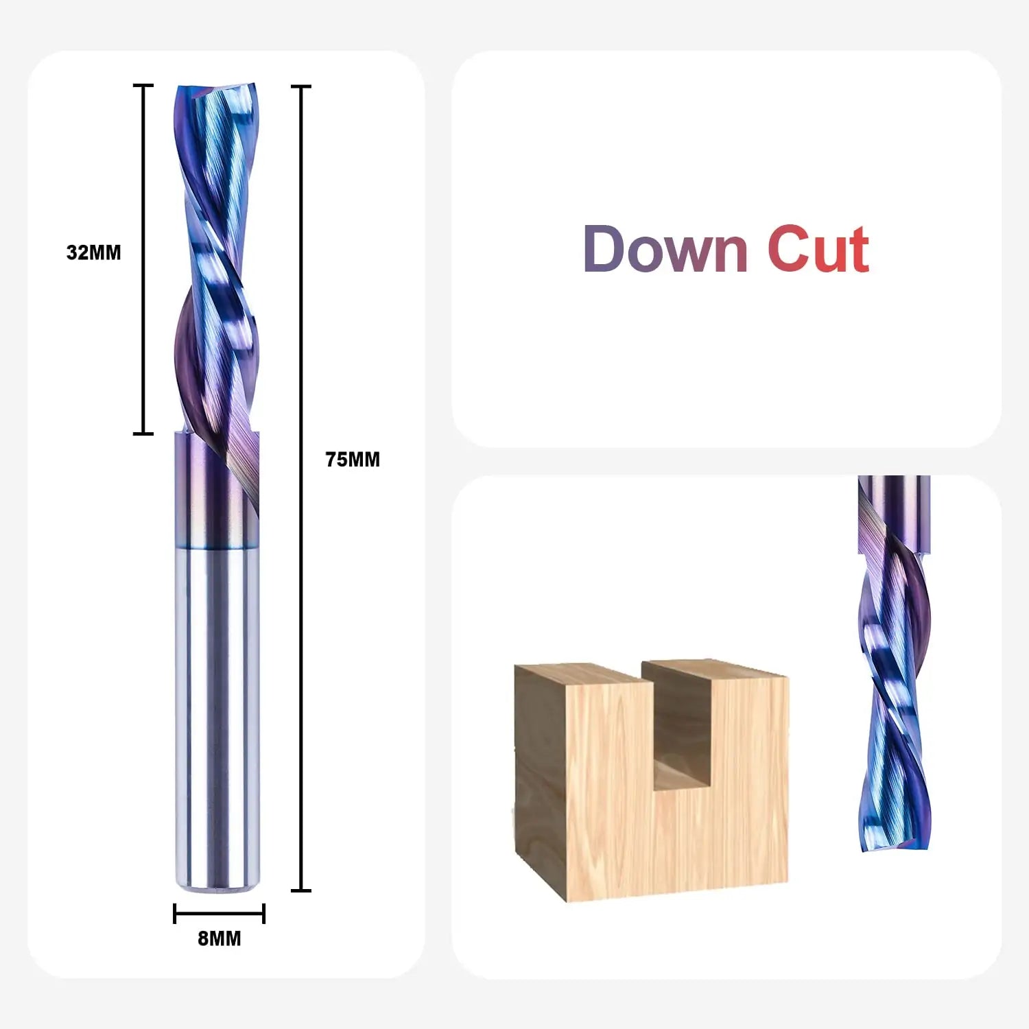SpeTool EU W04509 SPE-X Coated SC DOWN CUT 2 FL 8MM DIA x 32MM CL x 8MM SHANK x 75MM OVL ROUTER BIT