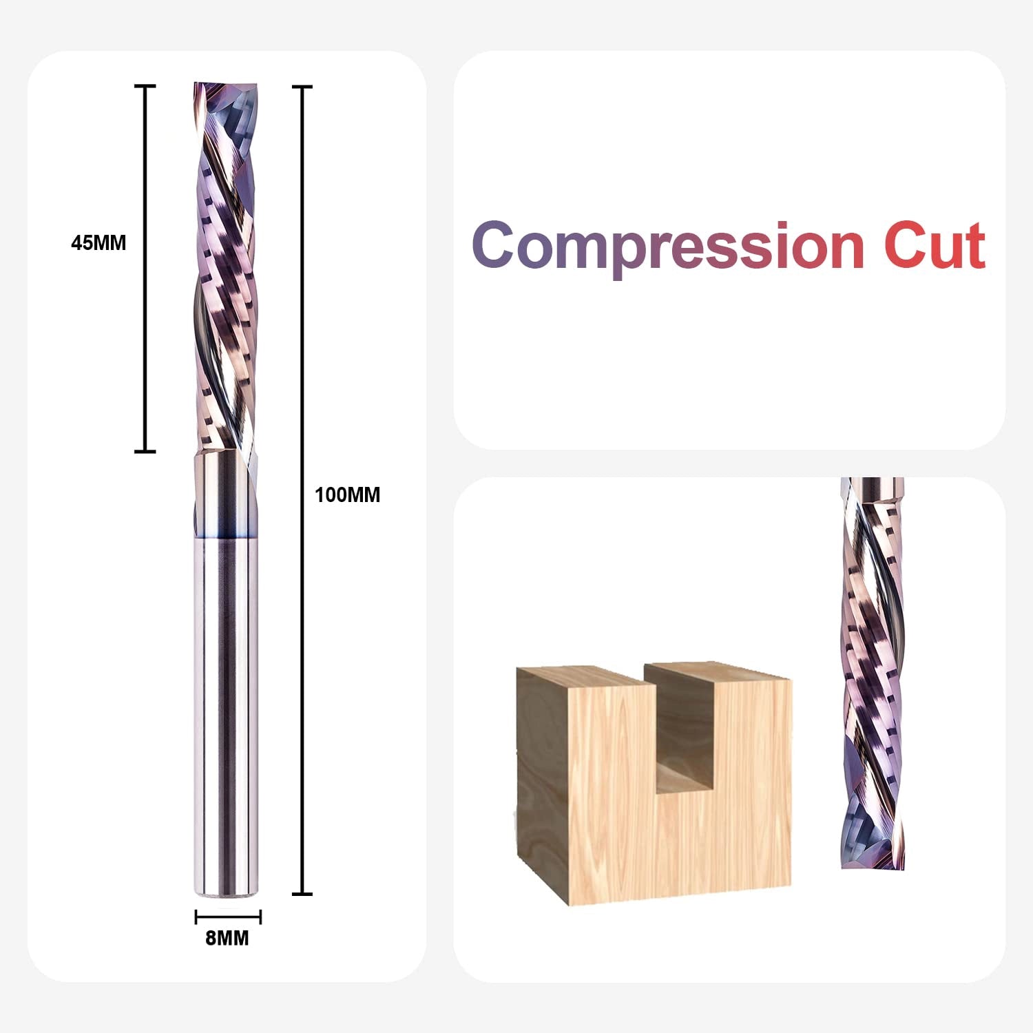 SpeTool EU W02508 SPE-X Coated SC COMPRESSION 2 FL 8MM DIA x 45MM CL x 8MM SHANK x 100MM OVL ROUTER BIT