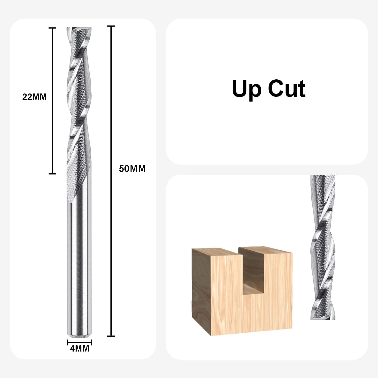 SpeTool EU W04504 Spiral Plunge 4mm Dia x 4mm Shank x 22mm Cutting Length x 50mm Long 2 Flute Up-Cut Router Bit