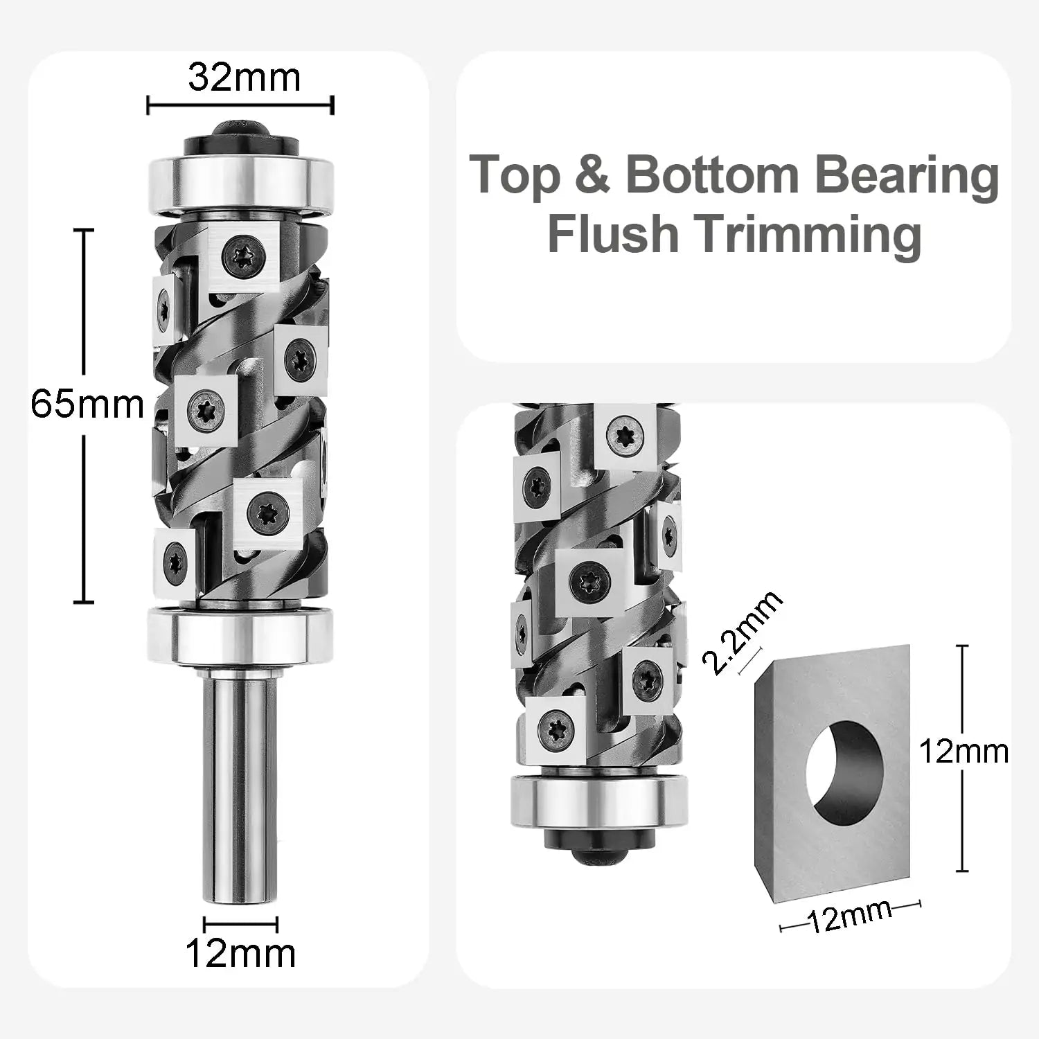 SpeTool EU W07510 Ranger Series Carbide Insert Flush Trim with Top and Bottom Double Bearings 32mm Dia x 12mm Shank x 65mm Cutting Length Pattern Template Router Bit