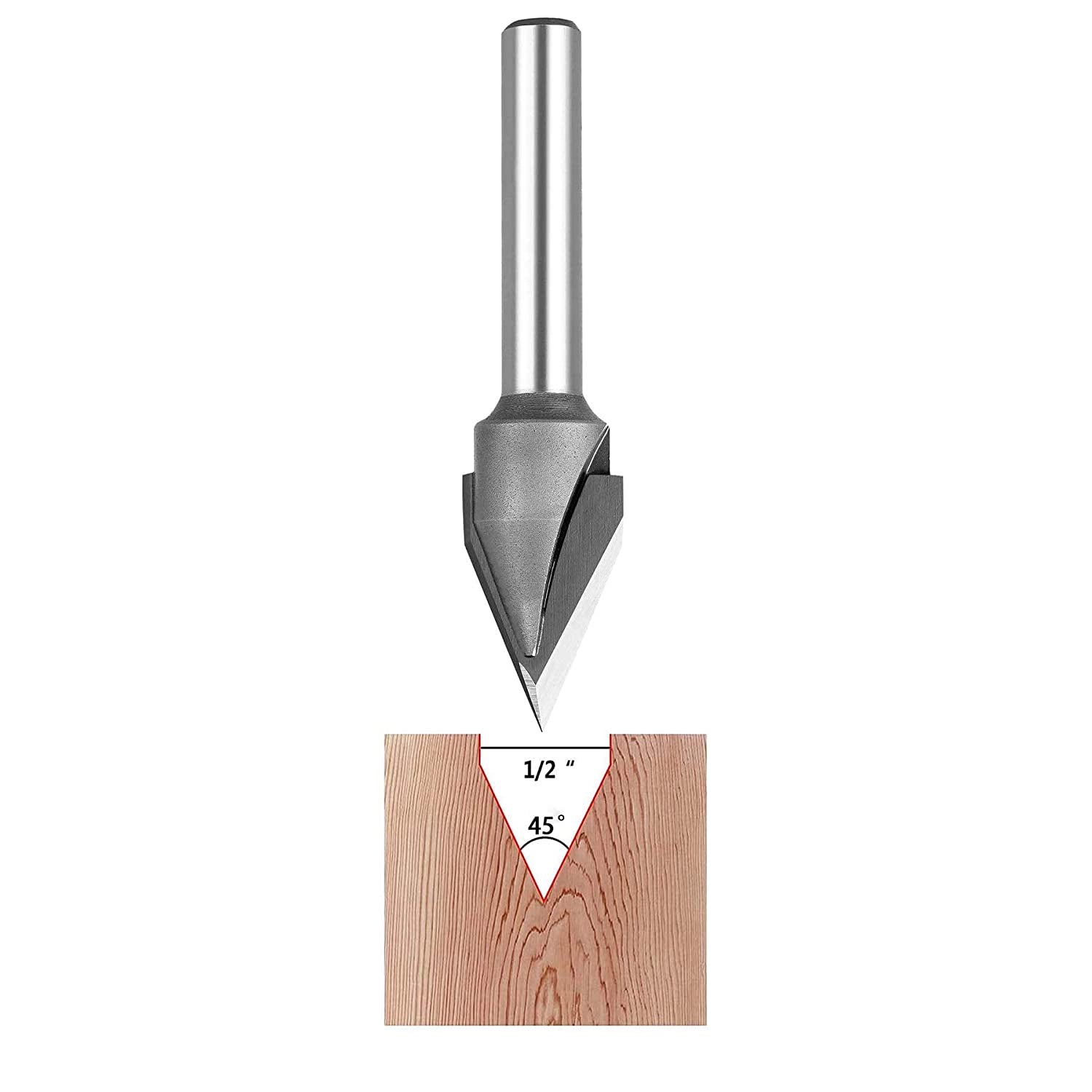 SpeTool 45 Deg V Groove Tip Carbide 1/2 Dia 1/4 Shank Chamfer Router Bit