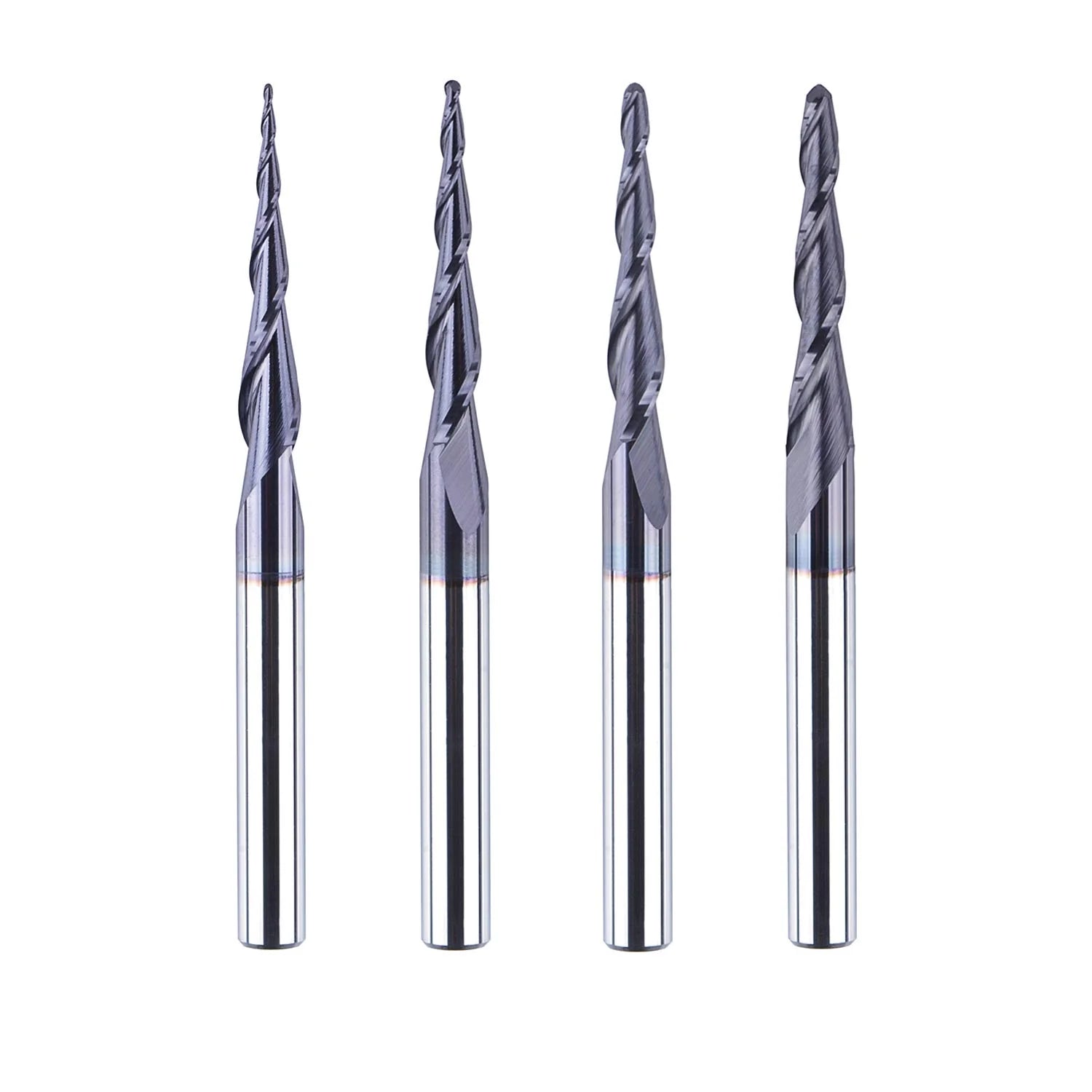 SpeTool UK 4Pcs/Pack R0.25~1.0 Tip 4 mm Tapered TiAlN Coated End Mill Ball Nose Carbide CNC Cutter For Carving Engraving