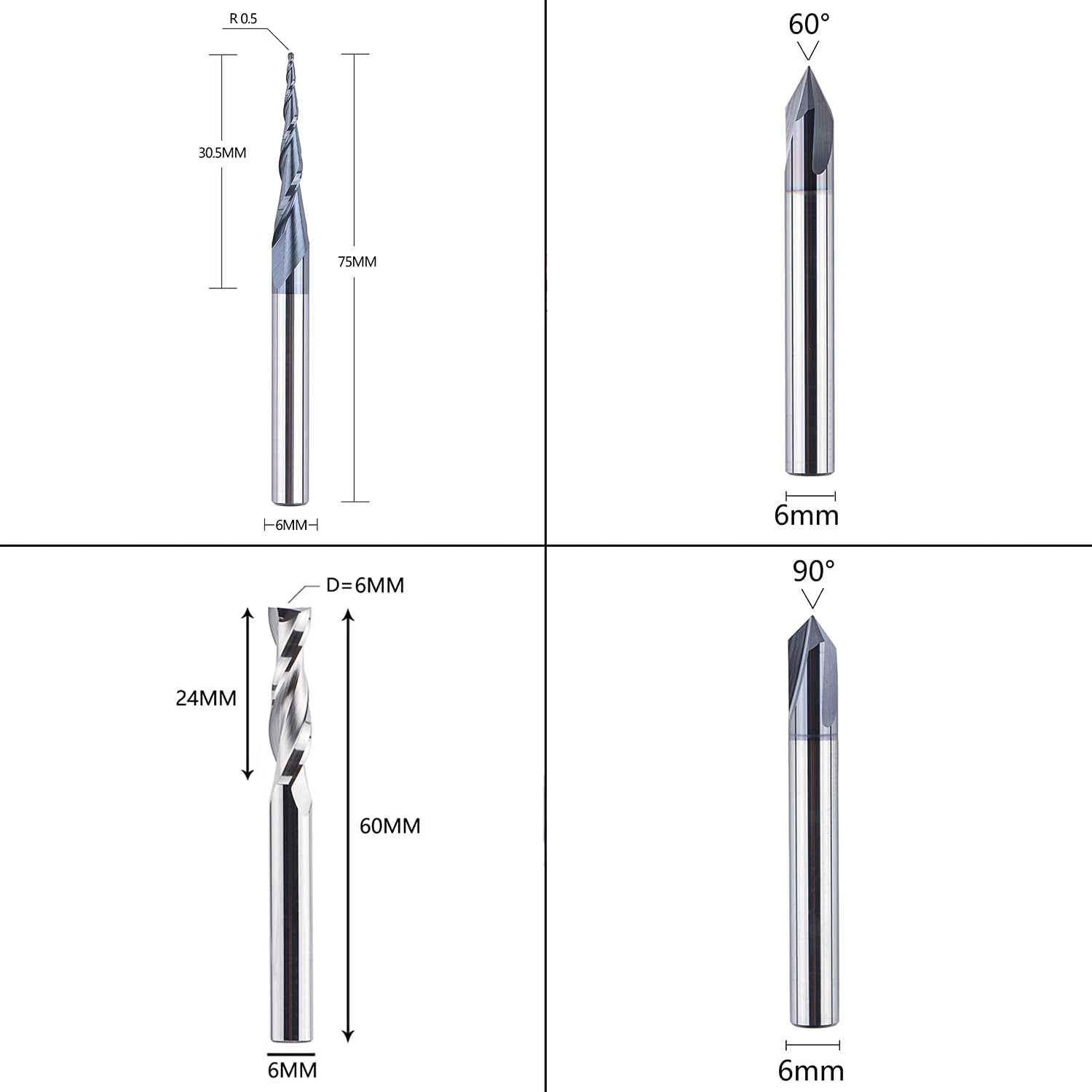 SpeTool EU WD-1 Set of 4 Milling Cutters 6 mm Shank Solid Carbide Solid Carbide CNC Milling Cutter V-Groove Cutter for Wood Engraving