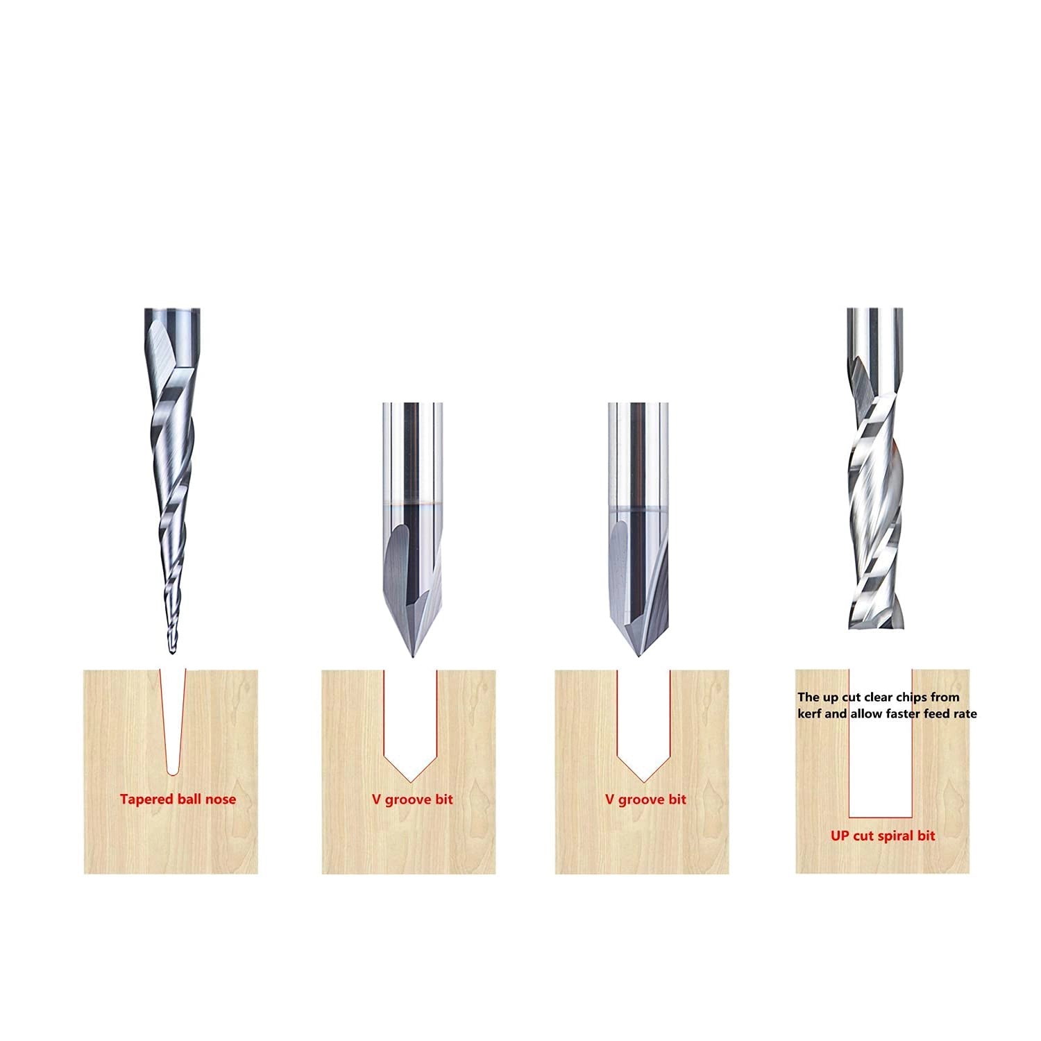 SpeTool EU WD-1 Set of 4 Milling Cutters 6 mm Shank Solid Carbide Solid Carbide CNC Milling Cutter V-Groove Cutter for Wood Engraving