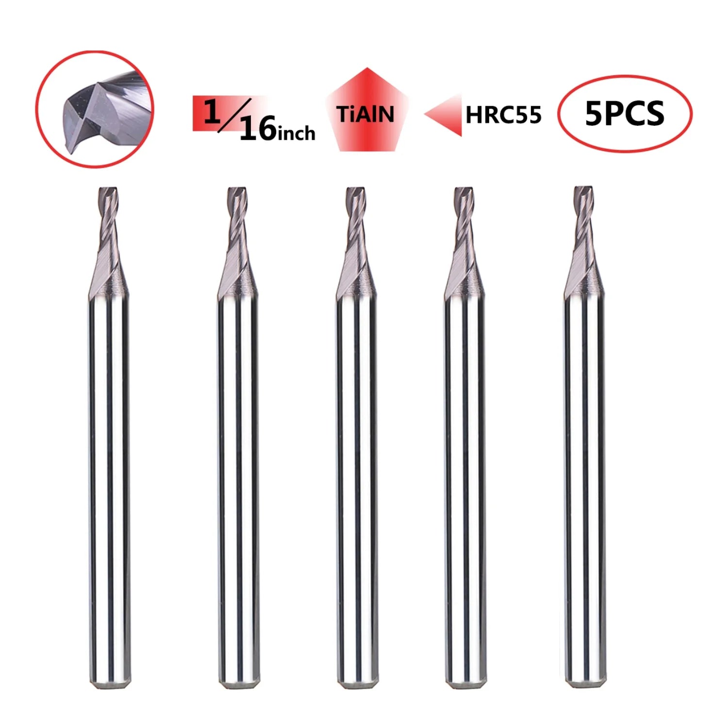 SpeTool 5Pcs 2-Flute Flat Nose Carbide End Mill 1/16" Dia Upcut Router Bit