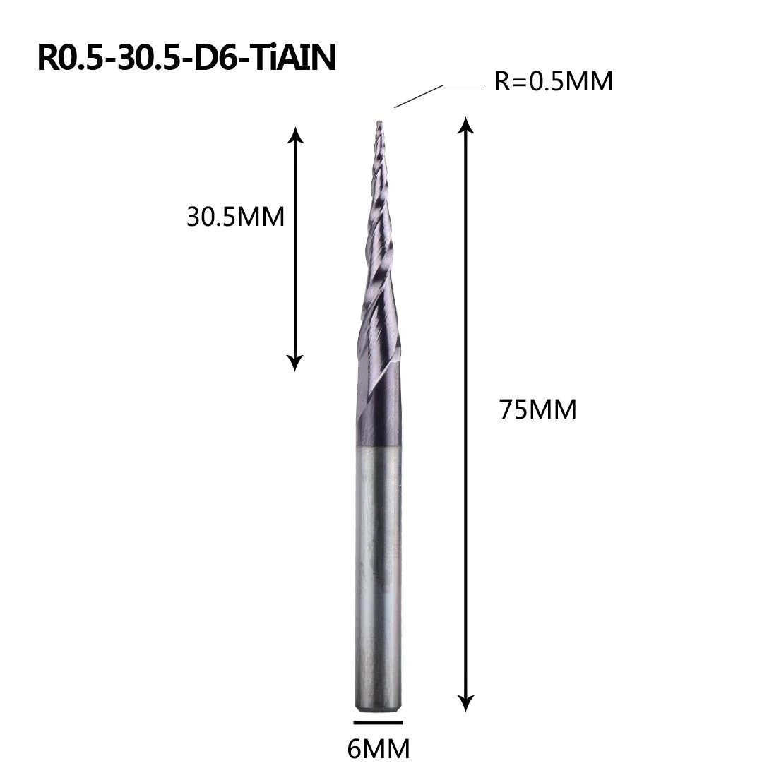 SpeTool UK 0.5MM Radius x 6MM SHANK x 30.5MM CL x 75MM OVL Tapered Ball Nose 2D & 3D Carving Router Bit