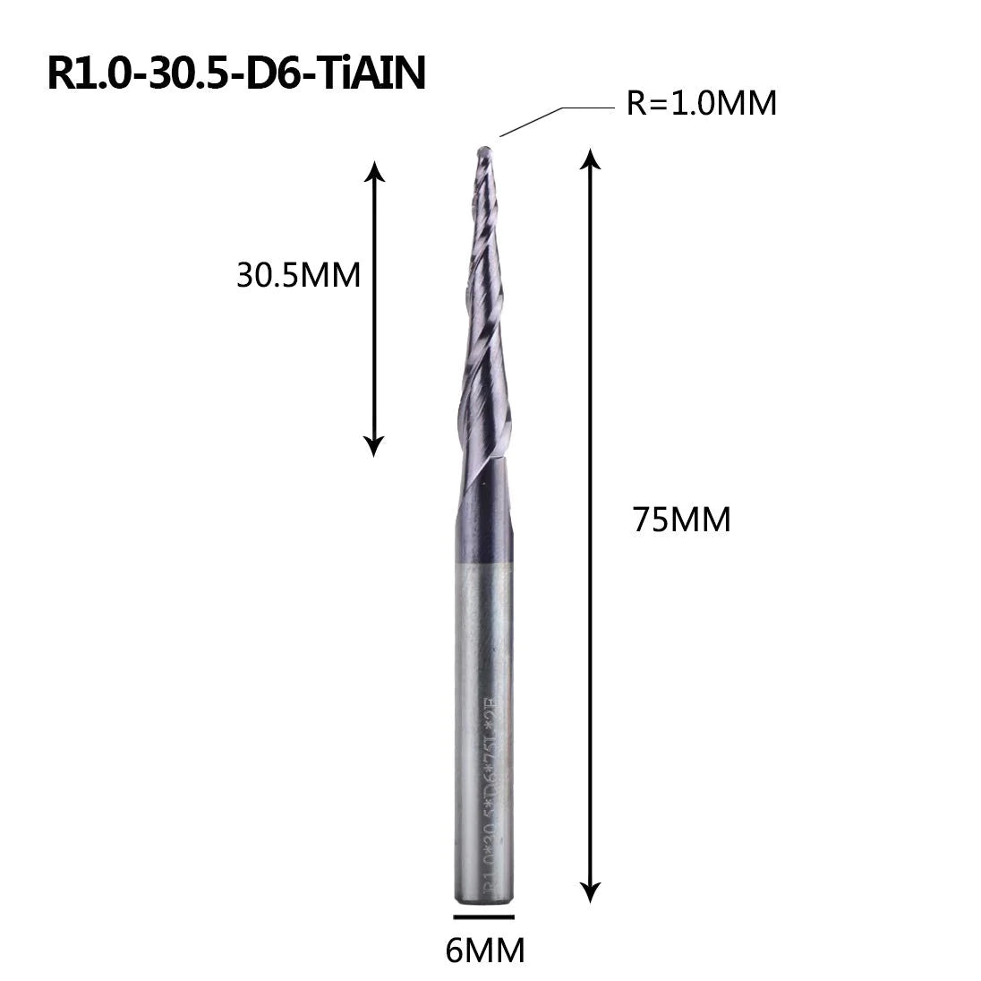 SpeTool UK 1MM Radius x 6MM SHANK x 30.5MM CL x 75MM OVL Tapered Ball Nose 2D & 3D Carving Router Bit