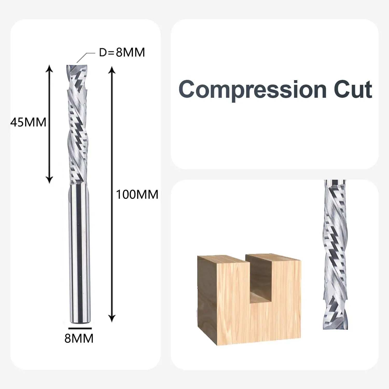 SpeTool EU W02508 COMPRESSION 2 FL 8MM DIA x 45MM CL x 8MM SHANK x 100MM OVL ROUTER BIT