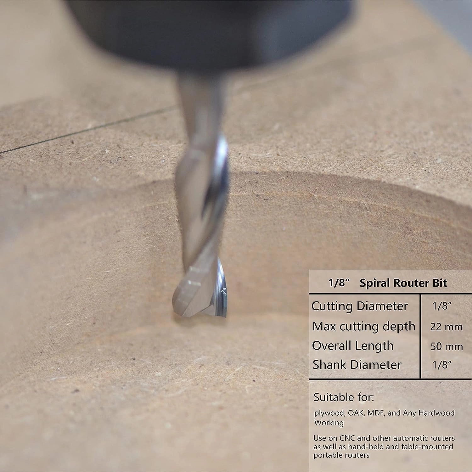 SpeTool UK SC Spiral Plunge 1/8" Dia x 1/8" Shank x 22mm Cutting Length x 50mm Long 2 Flute Up-Cut Router Bit