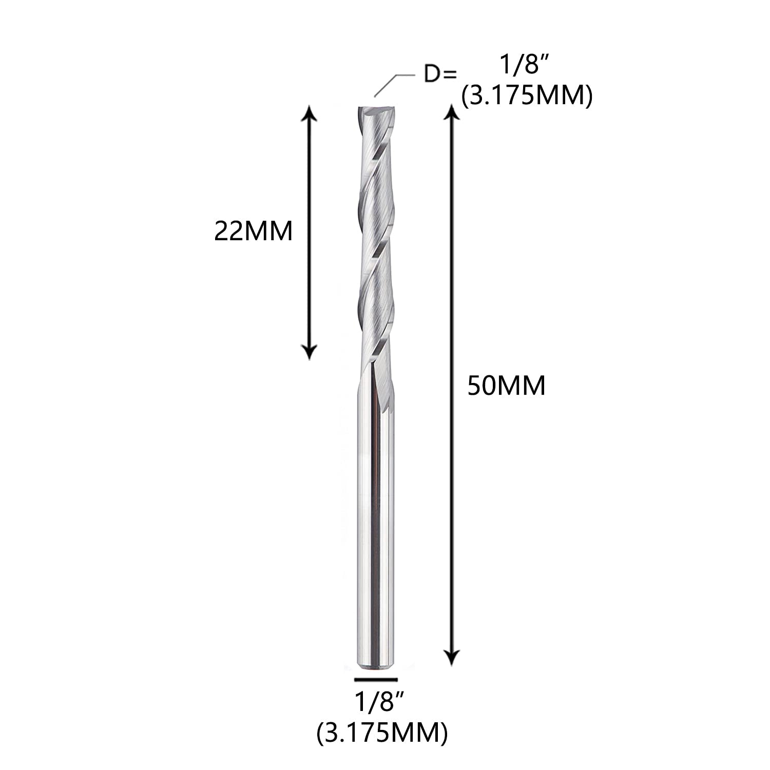 SpeTool UK SC Spiral Plunge 1/8" Dia x 1/8" Shank x 22mm Cutting Length x 50mm Long 2 Flute Up-Cut Router Bit