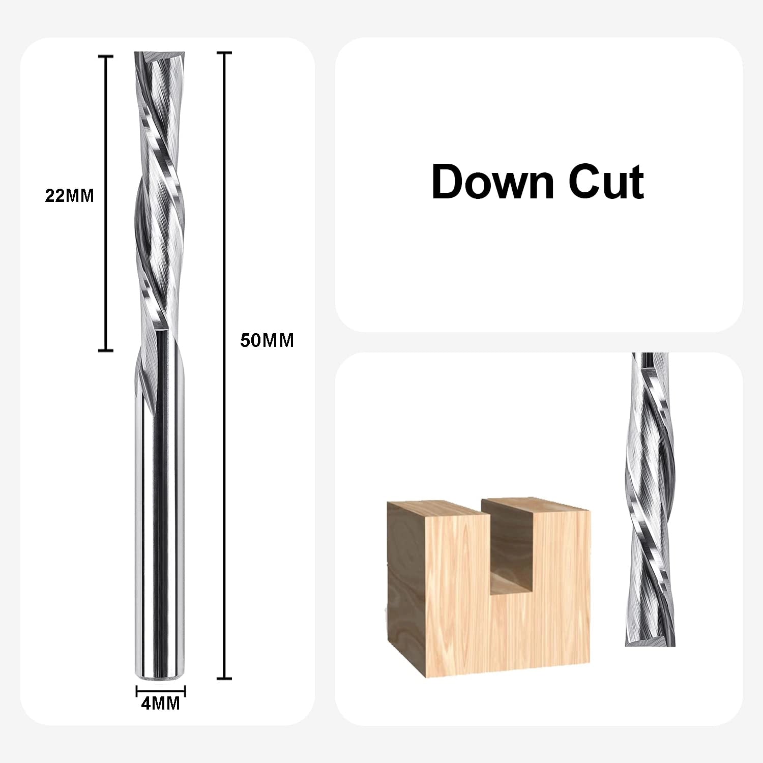 SpeTool UK SC Spiral Plunge 4mm Dia x 4mm Shank x 22mm Cutting Length x 50mm Long 2 Flute Down-Cut Router Bit
