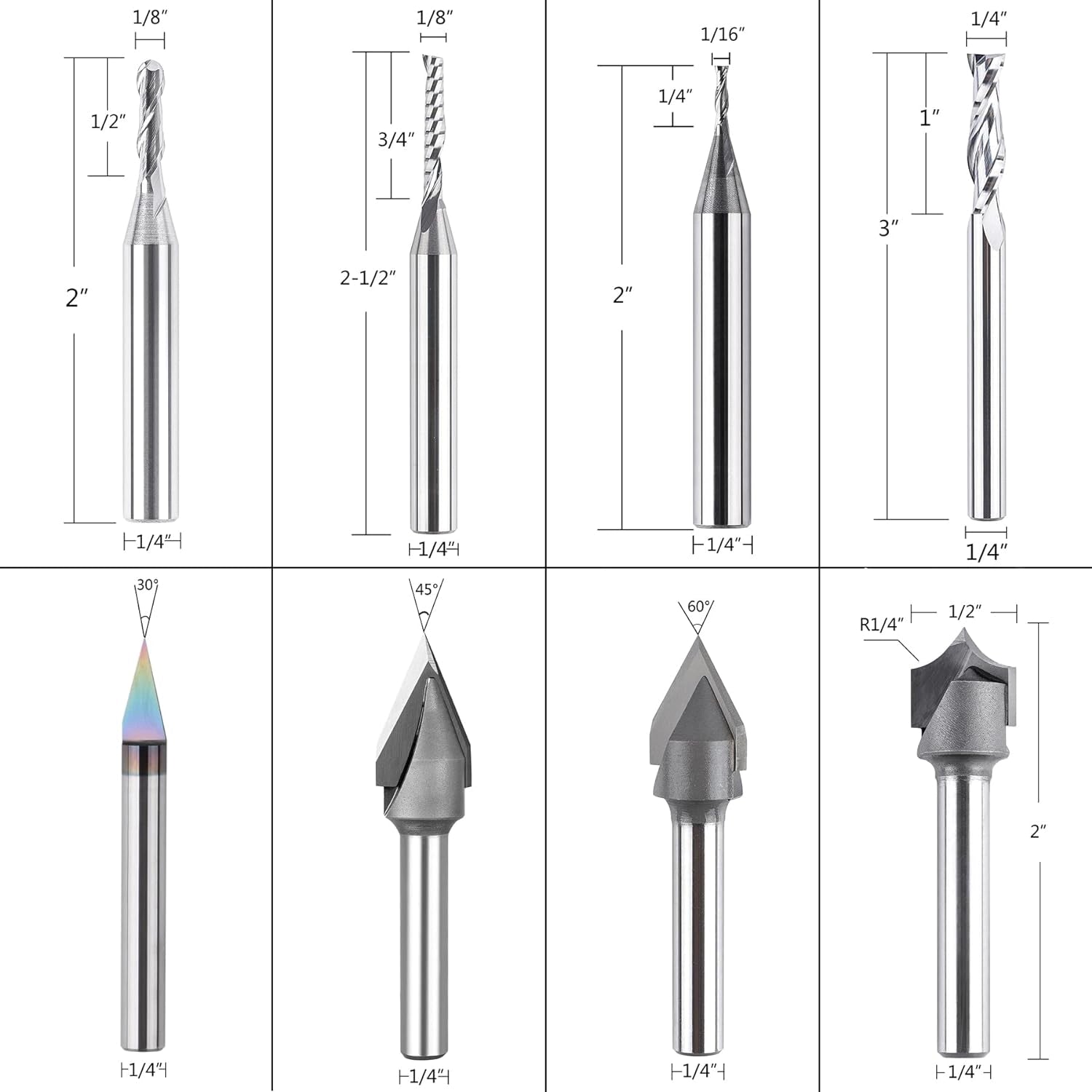 SpeTool WD-6 8pcs CNC Router Bit Set 14 Inch Shank