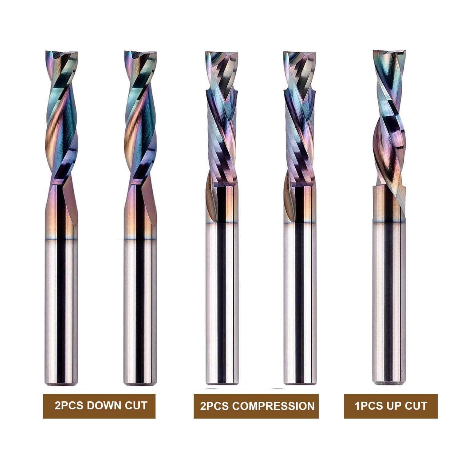 SpeTool 5Pcs 1/4 Shank Solid Carbide SPE-X Spiral Router Bits Set For Wood