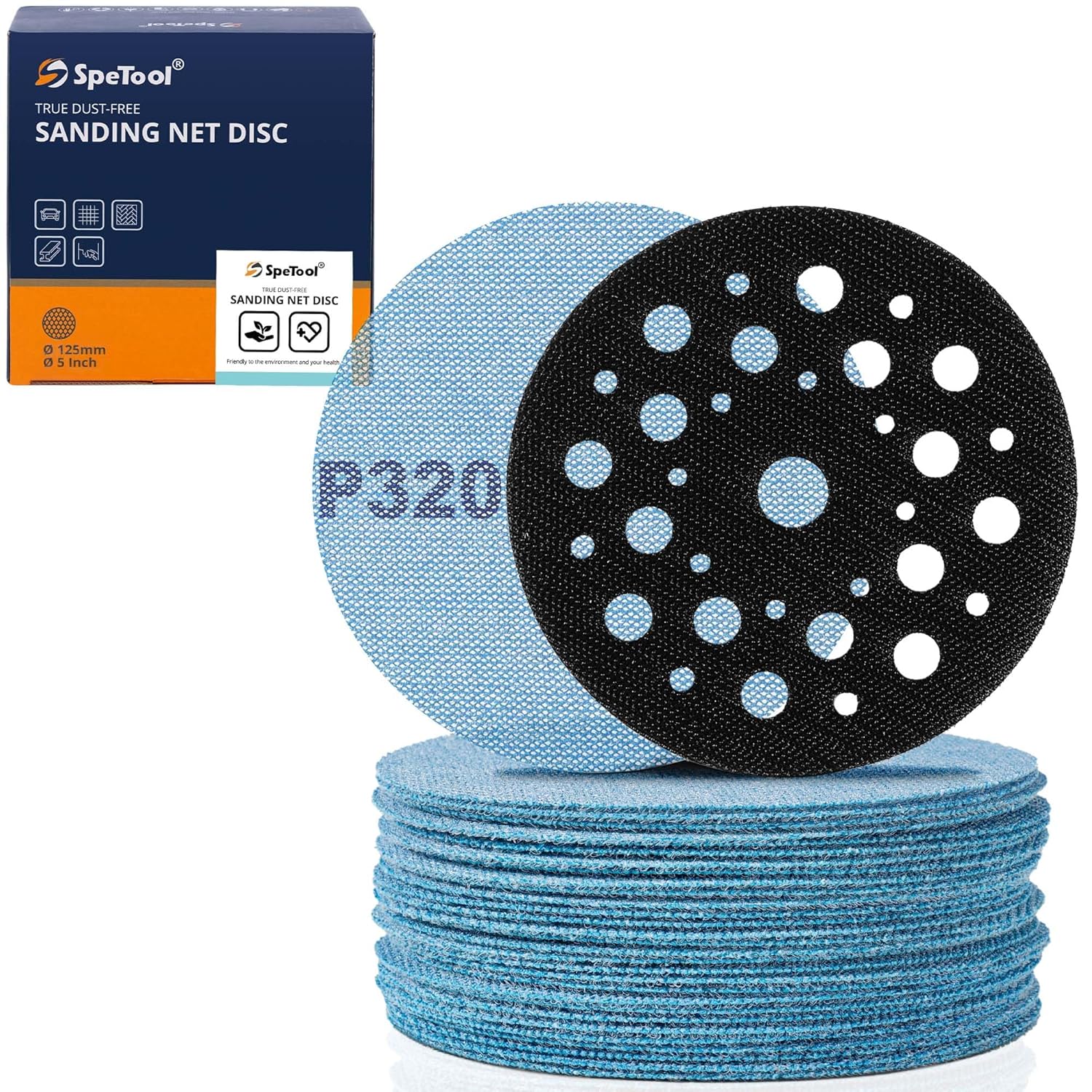 SpeTool 5 Inch 30 pcs Sanding Disc Net Sander with Pads Saver