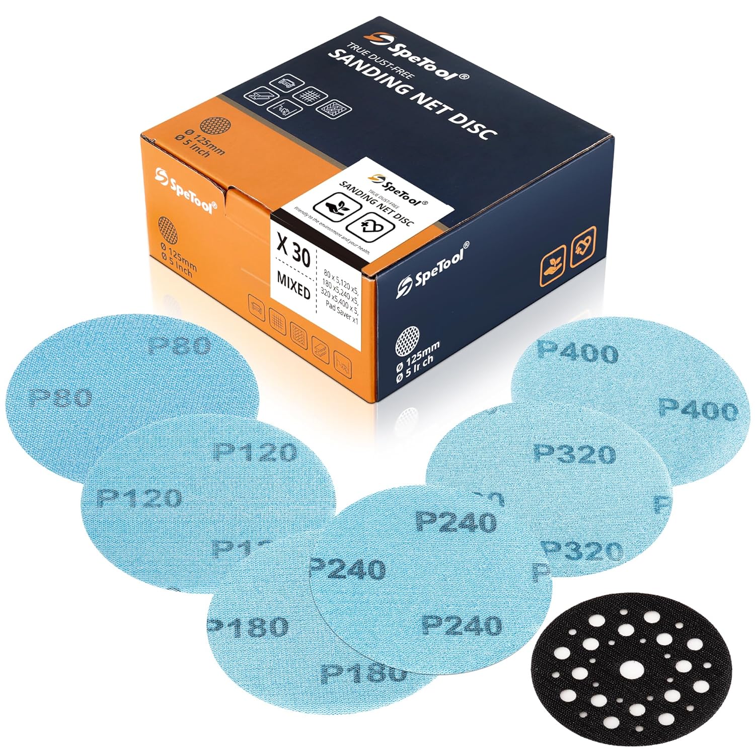 SpeTool 5 Inch 30 pcs Sanding Disc Net Sander with Pads Saver
