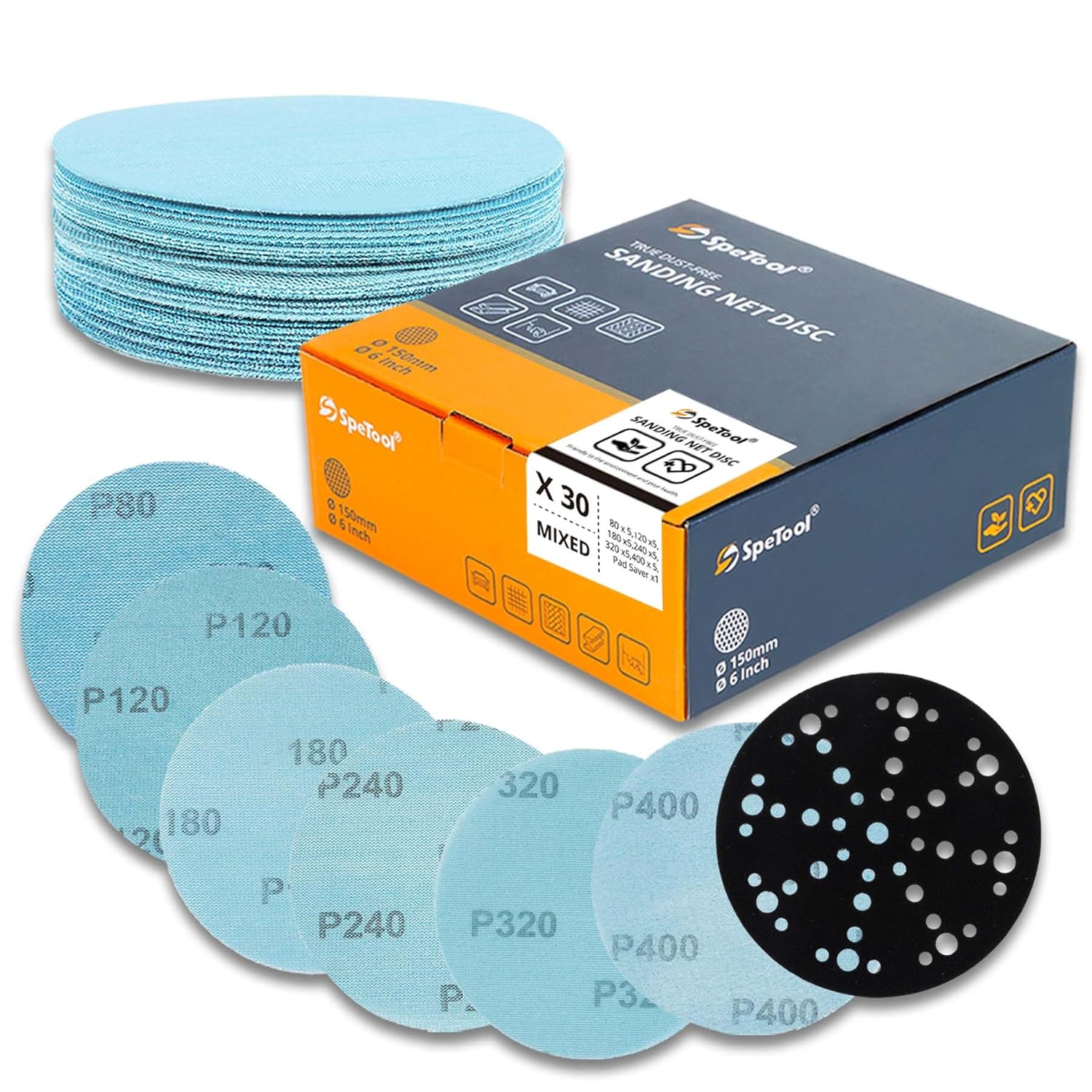 SpeTool 6 Inch 30 pcs Sanding Disc Anti-Blocking with Sander Pad Saver