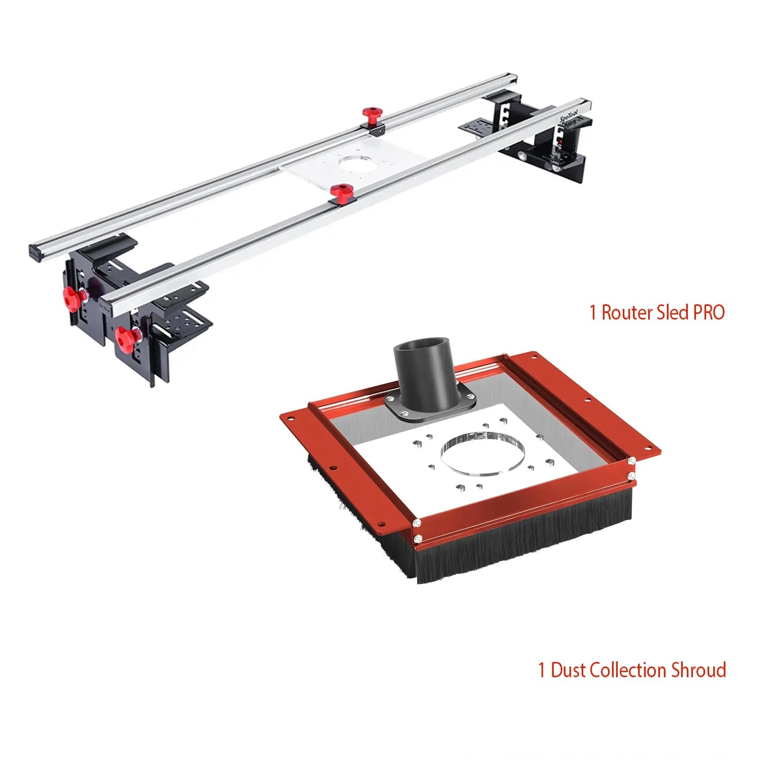 The image shows a router sled and dust collection shroud bundle set. The sled is silver with red and black accents, and the shroud is red with a black brush.