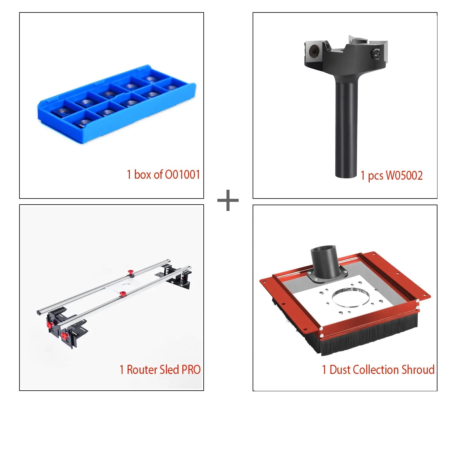 A set of four images showcasing different components of a woodworking tool set. The set includes a blue and black dust collection shroud, a black and red router sled, a black and gray surfacing router bit, and a collection of solid carbide blades.