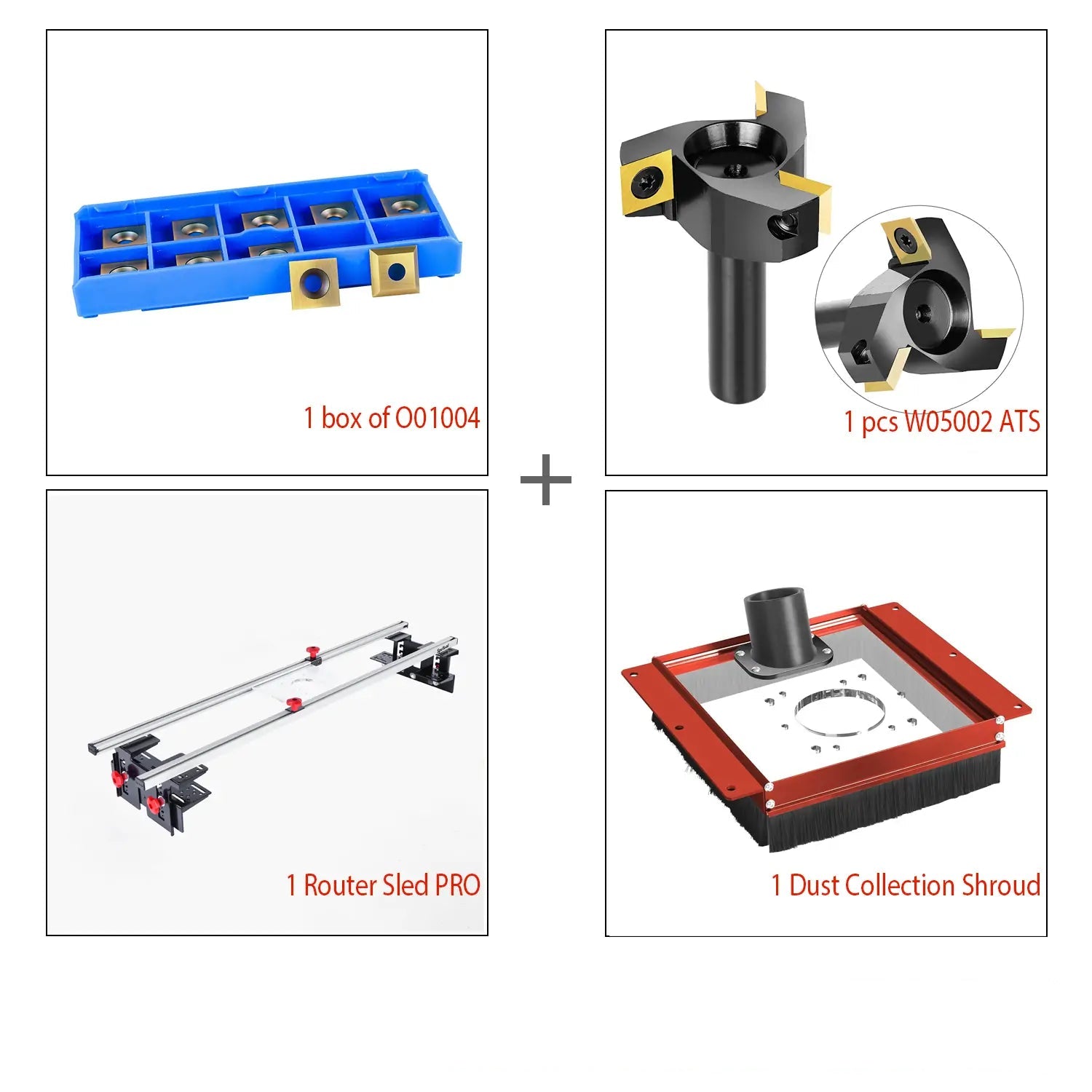 A set of woodworking tools which includes a router sled, dust collection shroud, ATS coated surfacing router bit, and a box of blades, all in a bundle offer.
