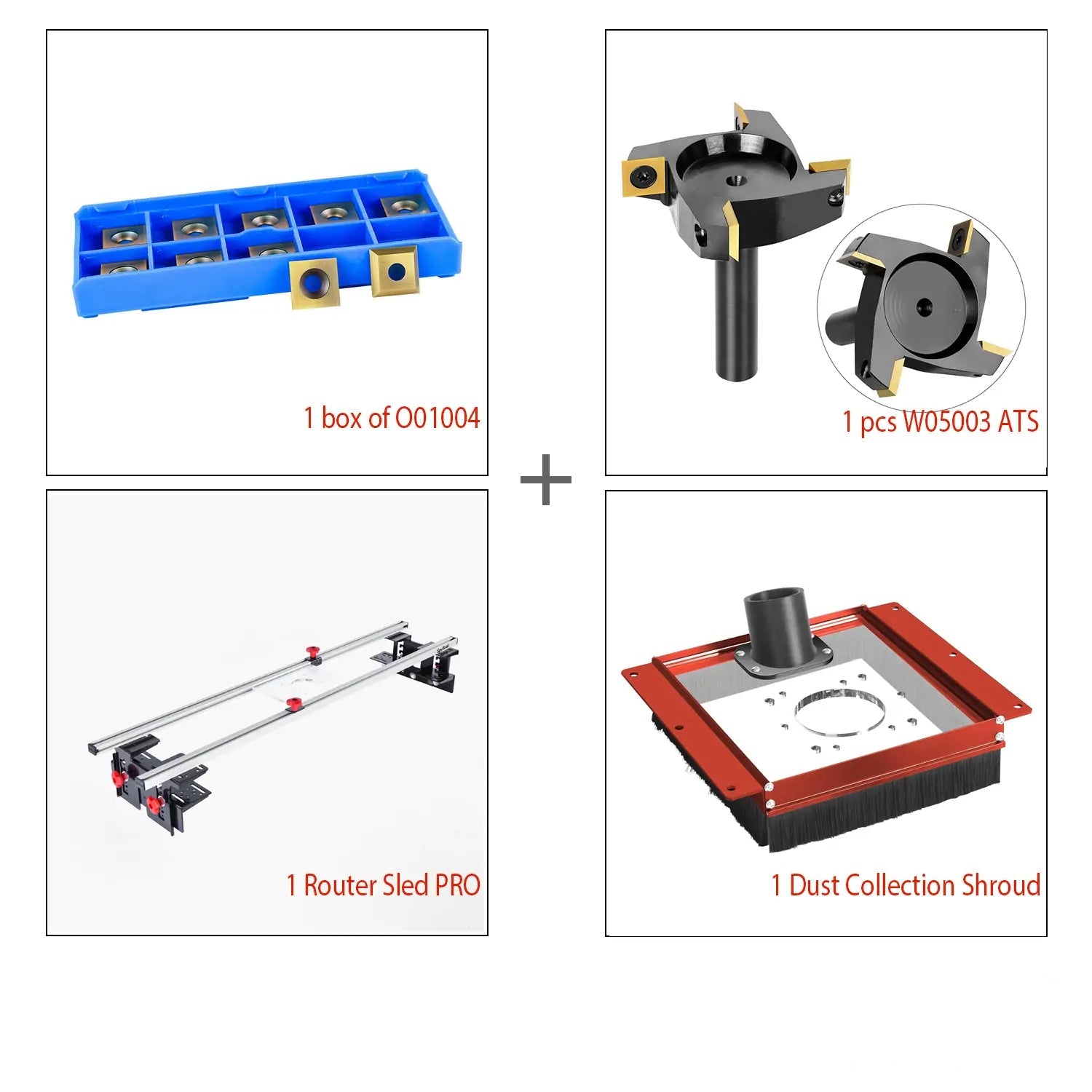 A set of woodworking tools which includes a blue and black dust collection shroud, a black and red router sled, a black and silver ATS surfacing router bit, and a collection of blades. The image also indicates a bundle purchase discount.