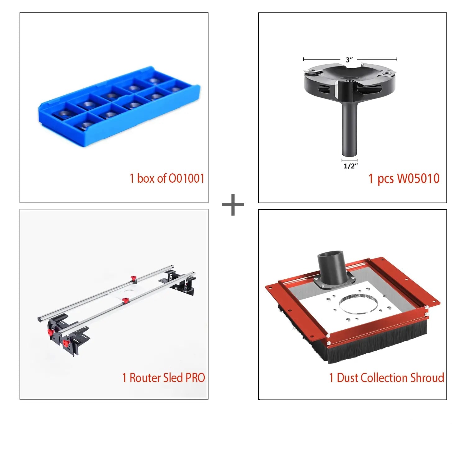 A set of four images showcasing different components of a woodworking tool set. The set includes a blue and black router sled, a red and black dust collection shroud, a black and silver surfacing router bit, and a collection of solid carbide blades.