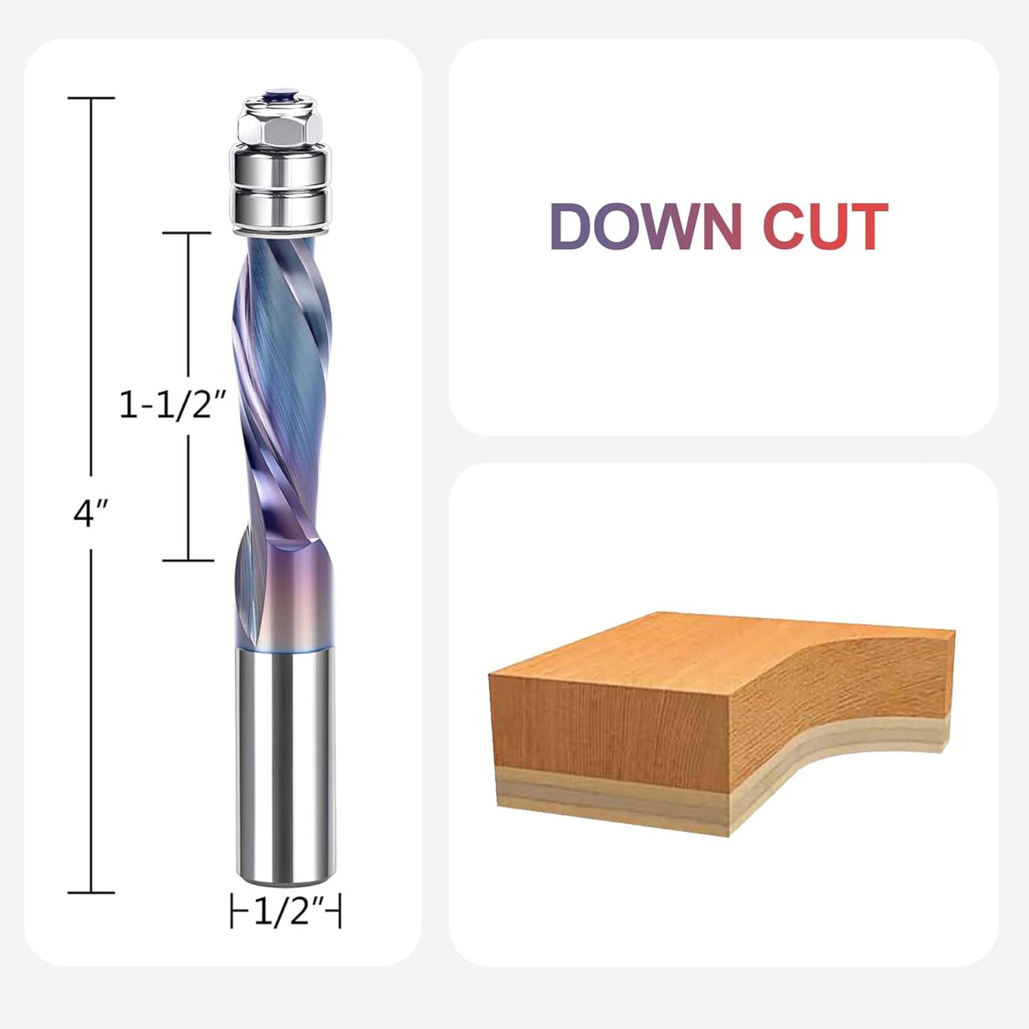 SpeTool W07012 SPE-X Extra Tool Life Coated Solid Carbide Flush Trim Down Cut 1/2" Dia x 1/2" Shank x 1-1/2" Cutting Length x 4" Extra Long Router Bit