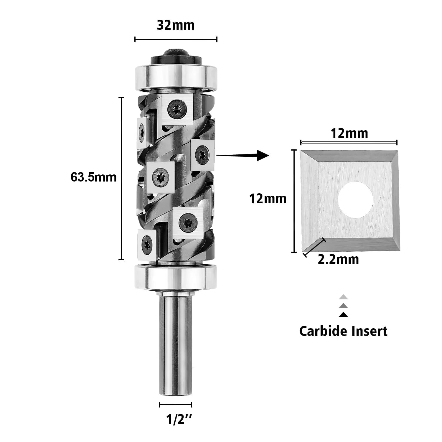 SpeTool Ranger Series W07020 Carbide Insert Flush Trim with Top and Bottom Double Bearings 32mm Dia x 1/2" Shank x 63.5mm Cutting Length x 5" Long Pattern Template Router Bit