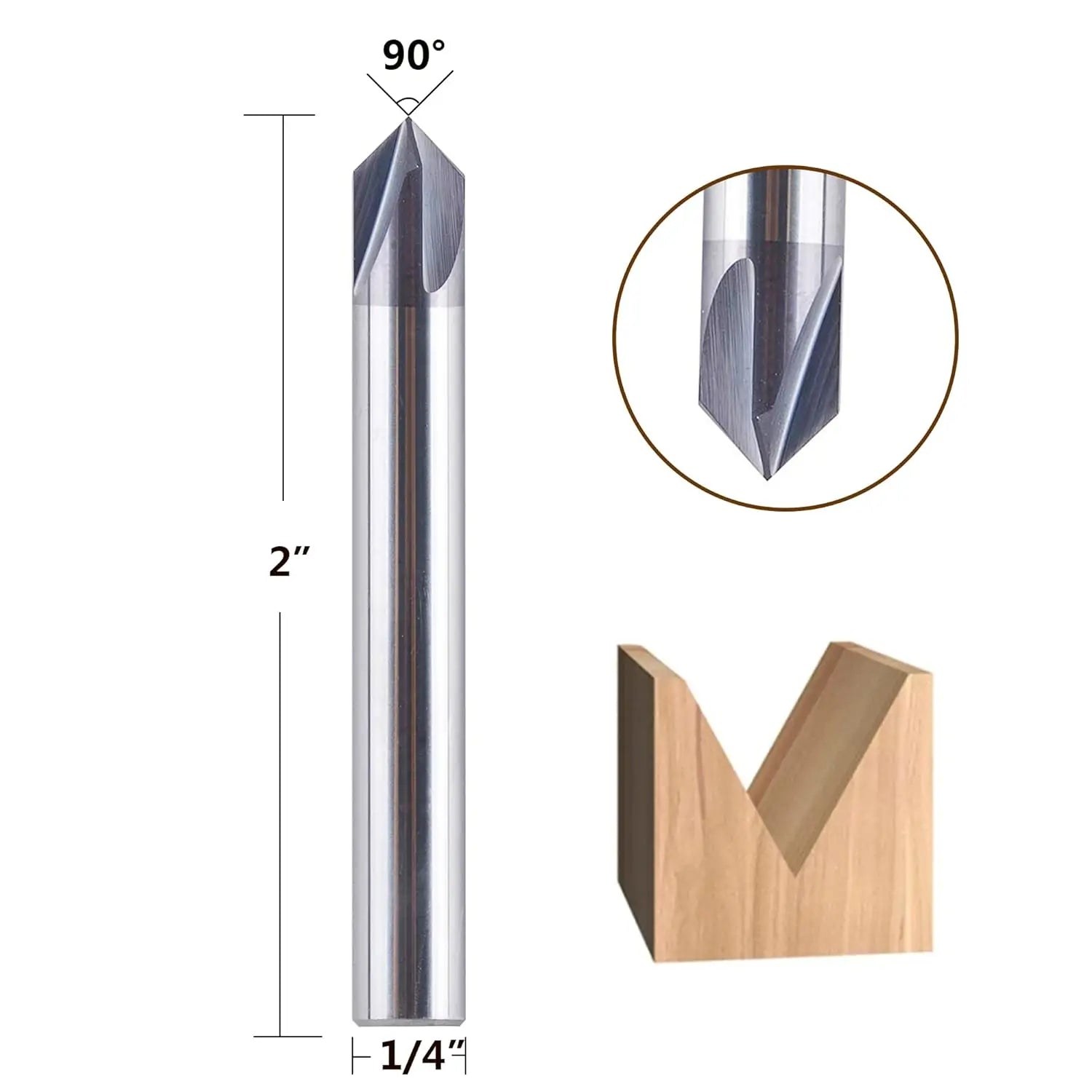 SpeTool W06007 Broca enrutadora con revestimiento de TiAlN de carburo sólido con ranura en V, 90 grados, 1/4" de diámetro x 1/4" de vástago x 2" de largo