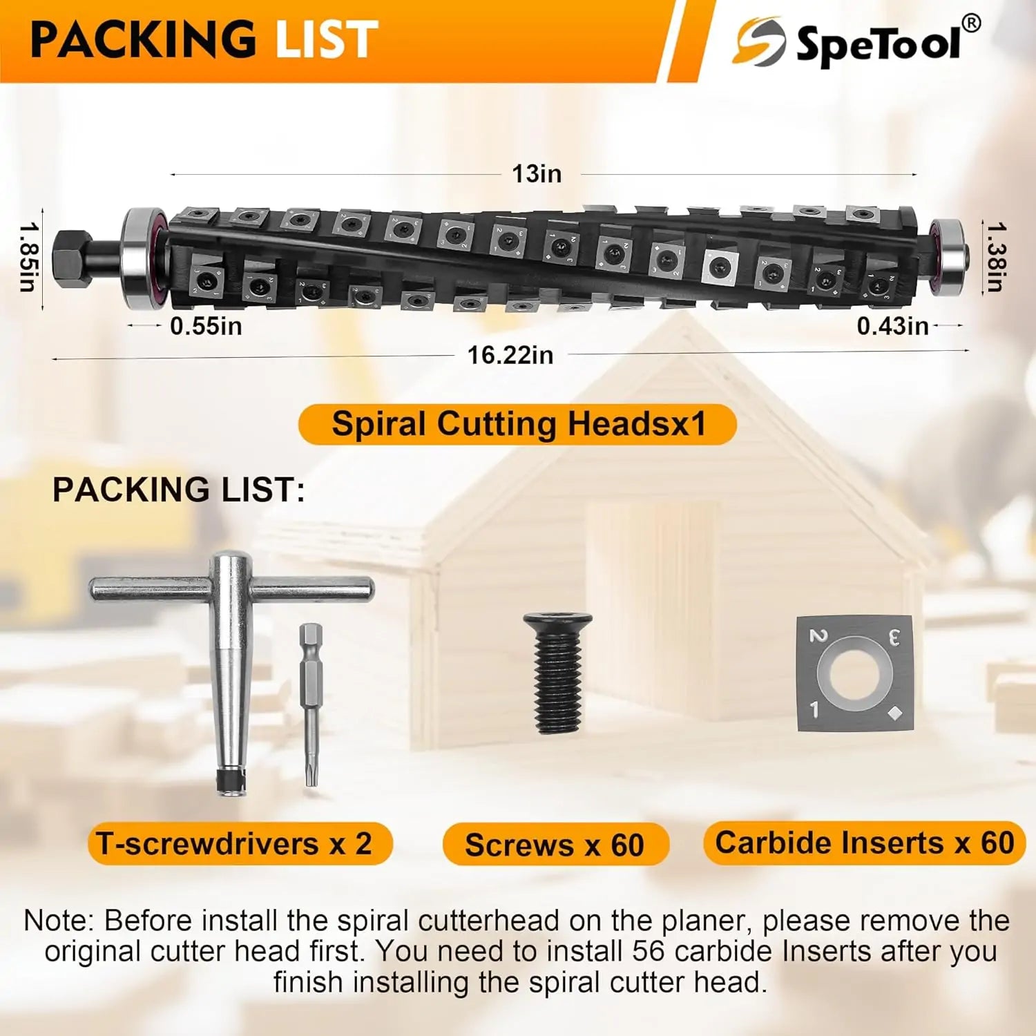 The SpeTool 13-inch Helical Planer Cutter Head size and packing list
