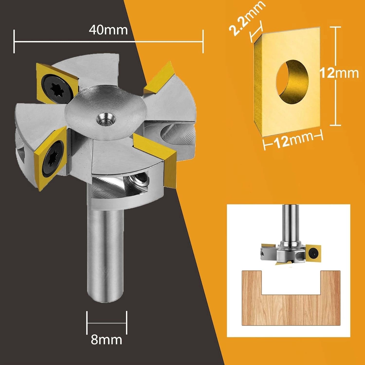 SpeTool EU W05009  Nickel-Plated ATS COATED CARBIDE INSERT 4 FLUTES SPOILBOARD 40MM DIA x 8MM SHANK ROUTER BIT