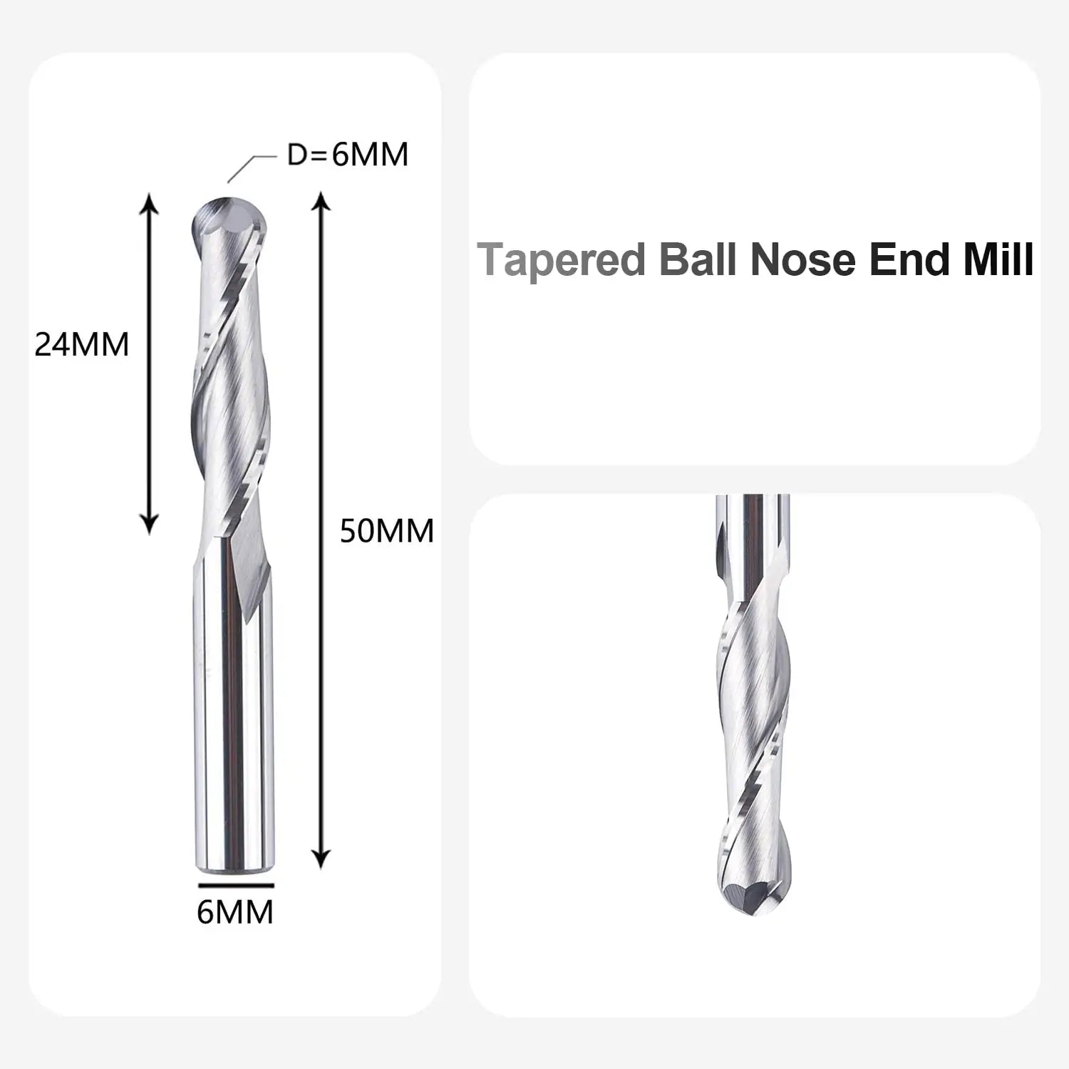 SpeTool EU W04801 Ball End Mill 6 mm Cutting Diameter 6 mm Shank 24 mm Cutting Length Double Flute Router Bit Solid Carbide Milling Cutter for DIY Woodworking Carving Engraving