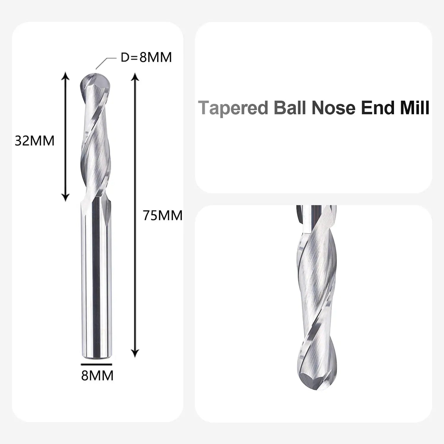 SpeTool EU W04802 Ball End Mill 8 mm Cutting Diameter 8 mm Shank 32 mm Cutting Length Double Flute Router Bit Solid Carbide Milling Cutter for DIY Woodworking Carving Engraving