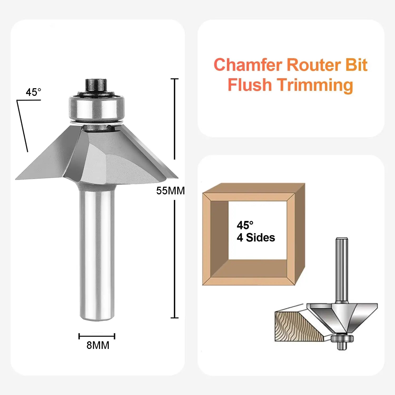 SpeTool EU W07512 Carbide Tipped Chamfer 45 Deg x  8mm SHK  x  55mm Overall Long Lower Ball Bearing Router Bit