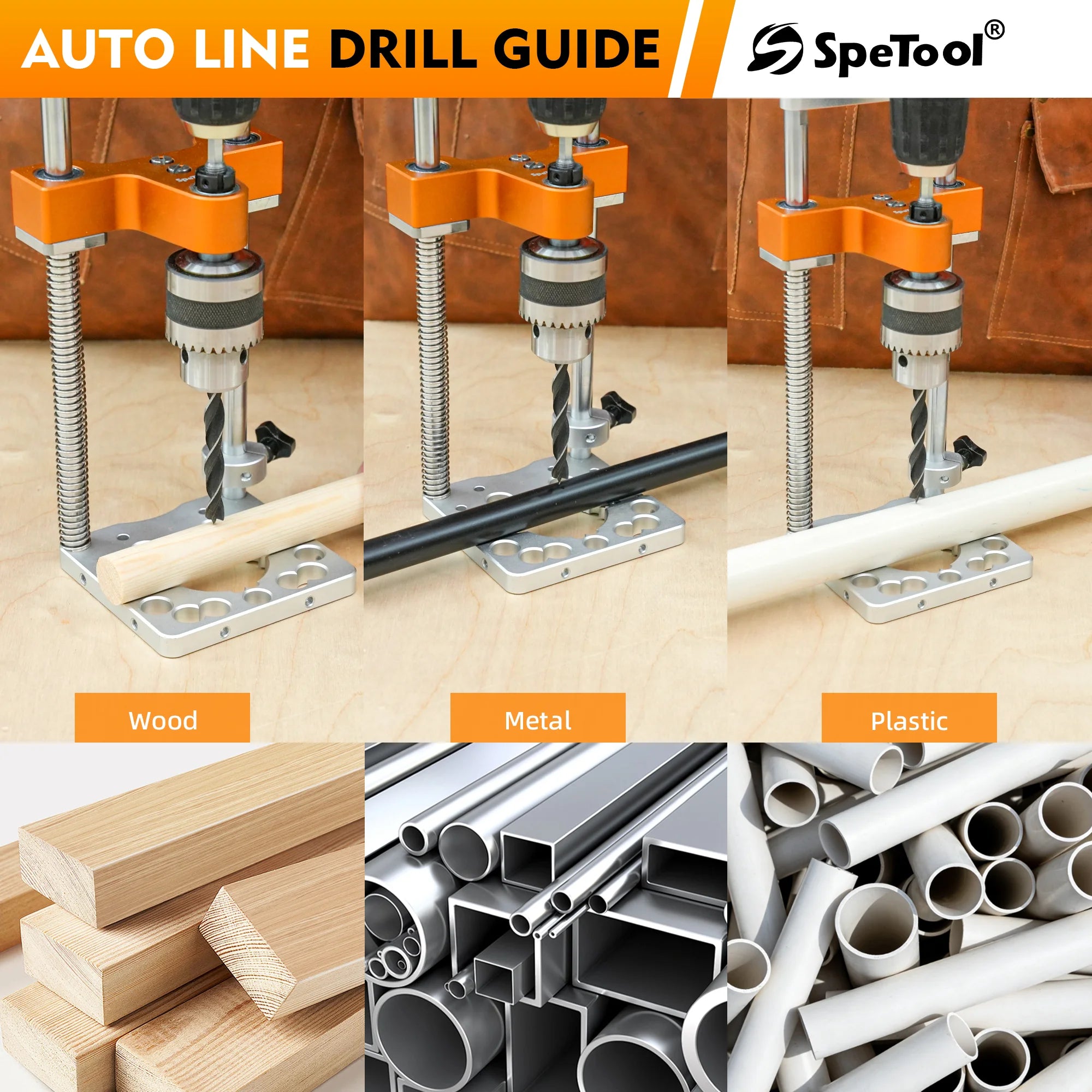 SpeTool Auto Line Drill Guide with drill bits and materials on a wooden surface