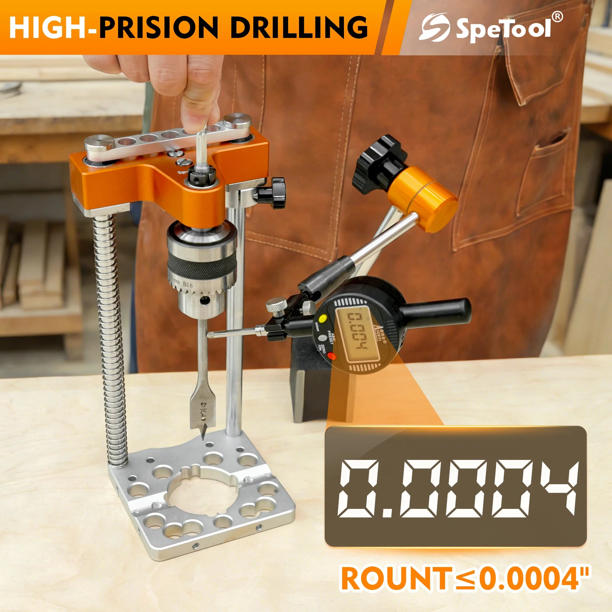 Precision drilling machine with digital display showing measurement, branded 'SpeTool'.