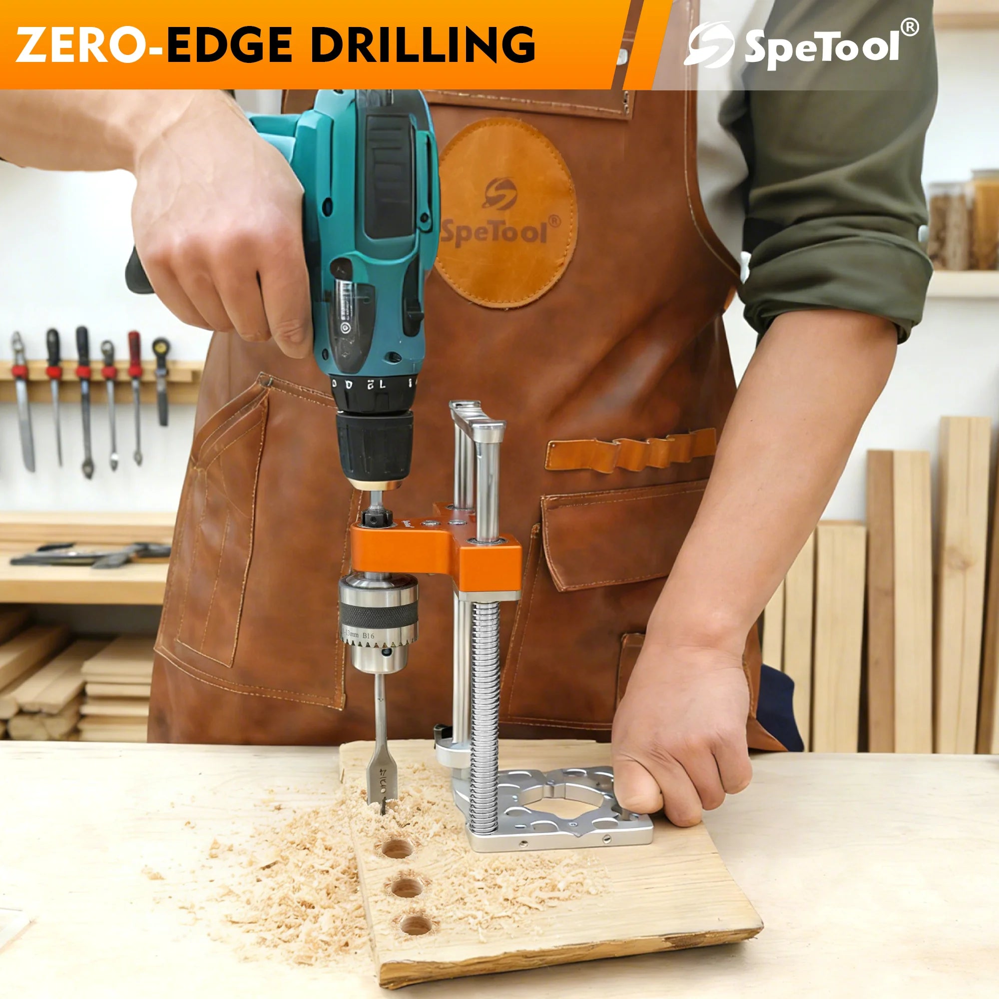 using a SpeTool drilling machine on a wooden board with tools