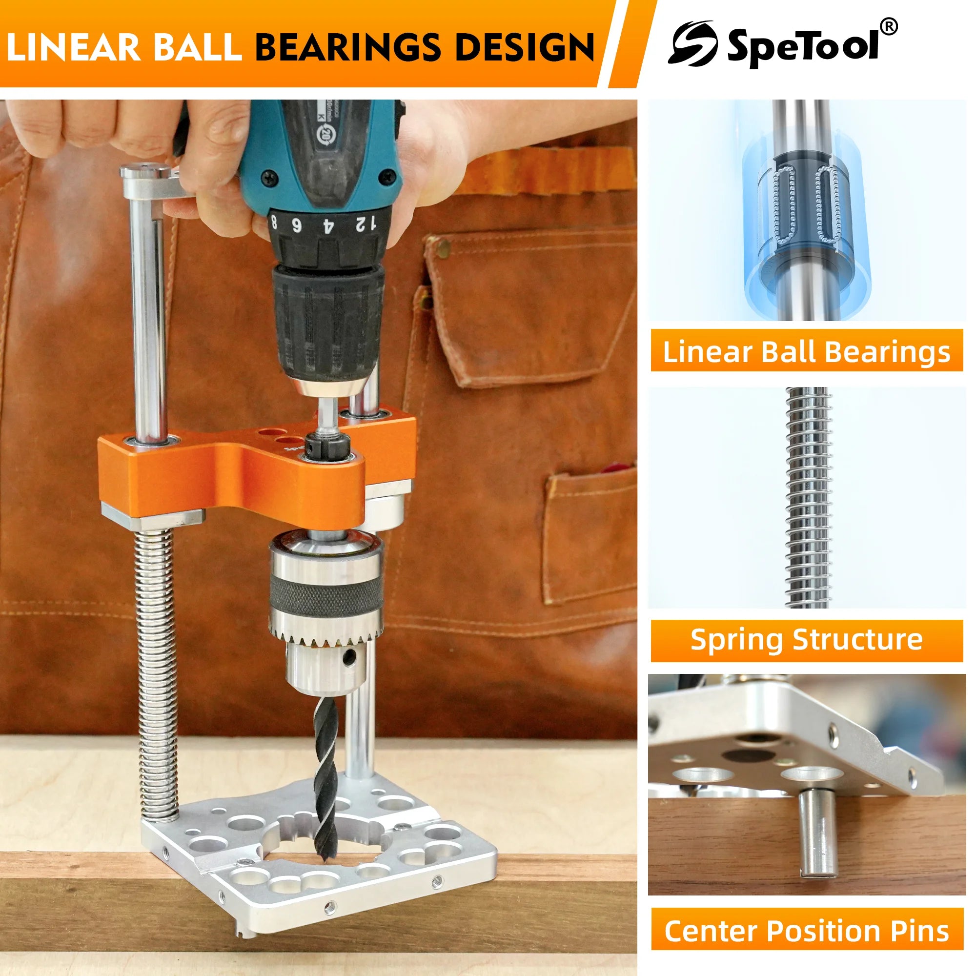 Drill press with linear ball bearings design, featuring SpeTool branding.