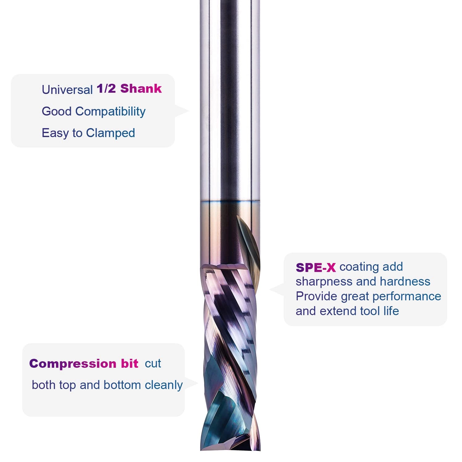 SpeTool W02006 SPE-X Ultra Tool Life Coated SC Compression Spiral 1/2" Dia x 1/2" Shank x 1-1/2" Cutting Length x 4" Extra Long 2 Flute Router Bit
