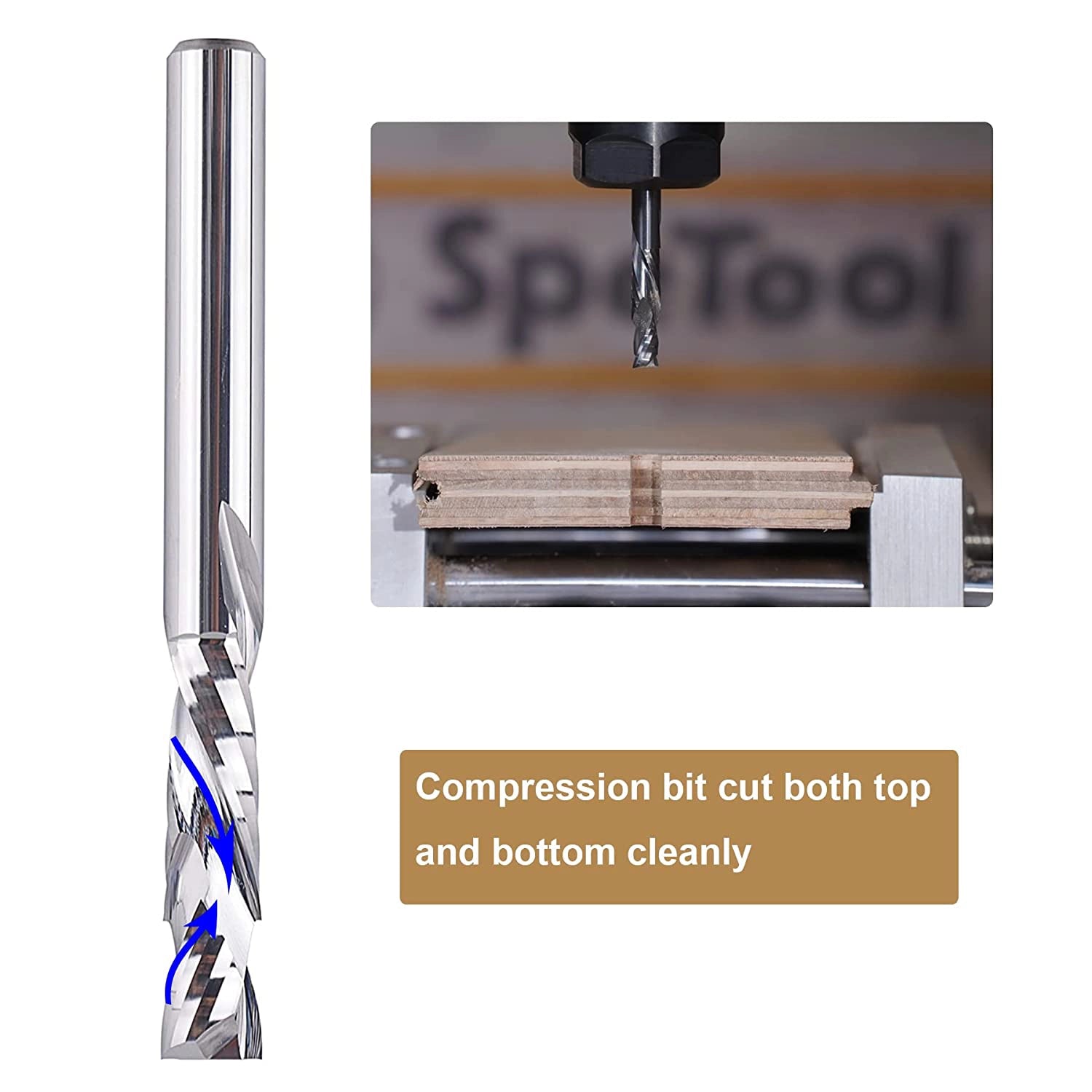 SpeTool 1/4" Dia Spiral Carbide UP&DOWN Cut Router Bit For Woodworking