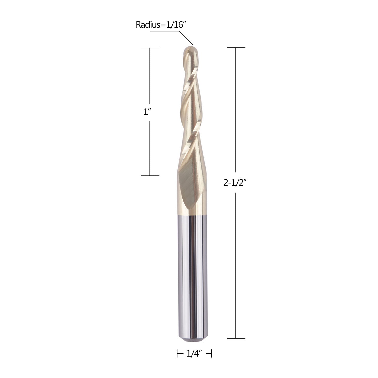 SpeTool 2D/3D Carving Tapered Ball Nose Router Bit 1/16" Radius ZrN Coated