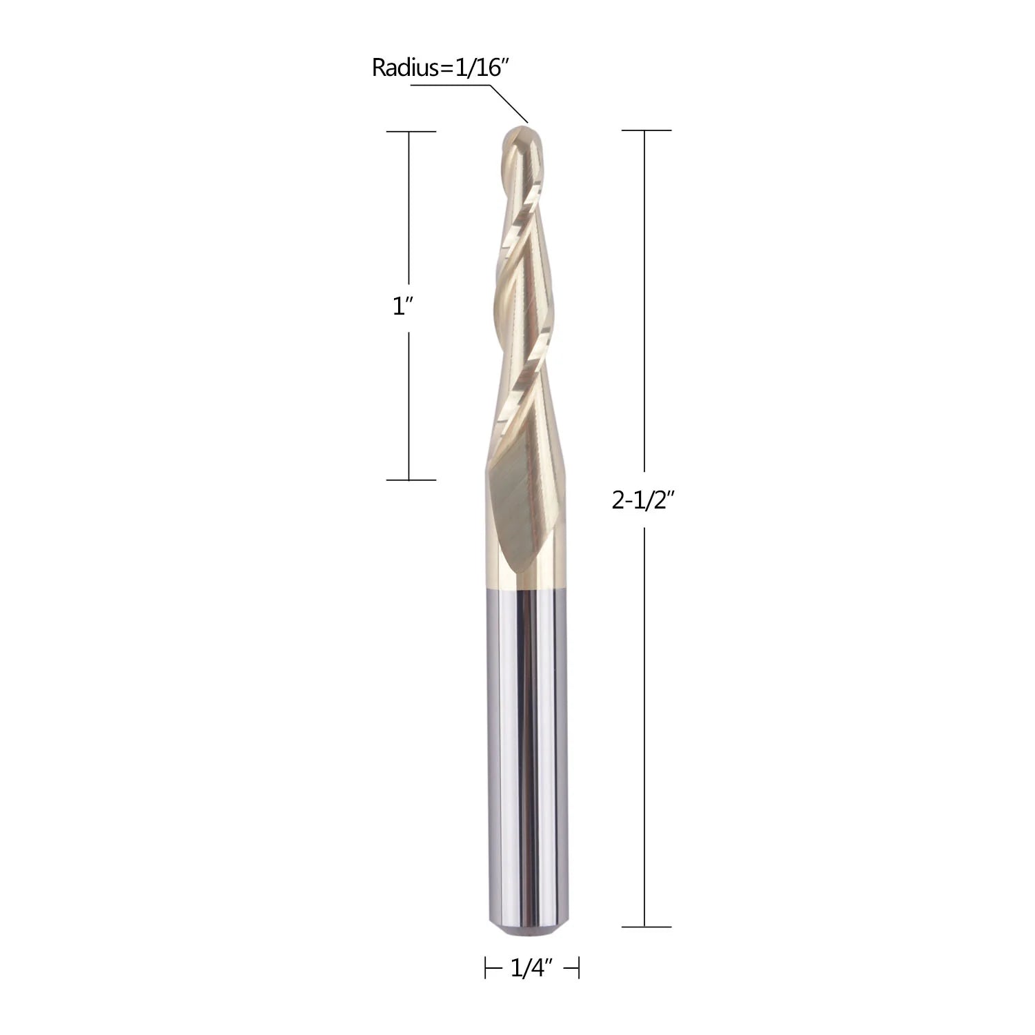 SpeTool 2D/3D Carving Tapered Ball Nose Router Bit 1/16" Radius ZrN Coated
