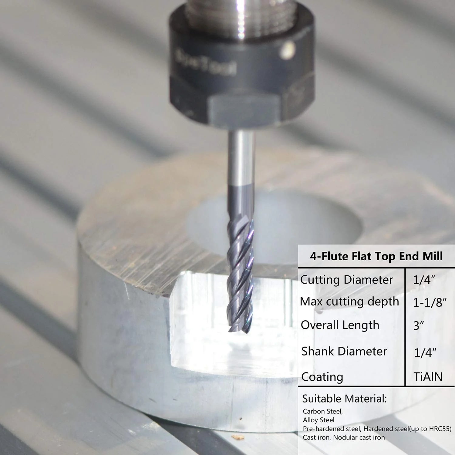 SpeTool 4 Flutes 1/4" Shank Carbide Flat Top End Mill For Stell Maching