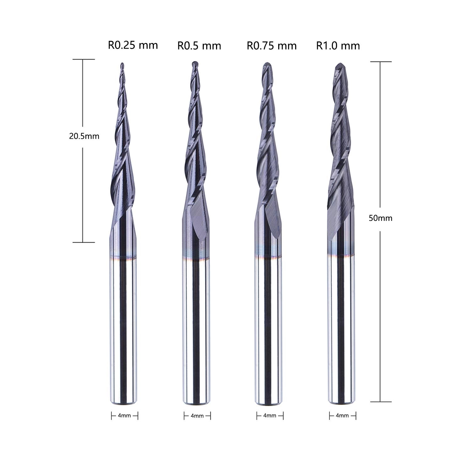 SpeTool EU 4Pcs/Pack R0.25~1.0 Tip 4 mm Tapered TiAlN Coated End Mill Ball Nose Carbide CNC Cutter For Carving Engraving