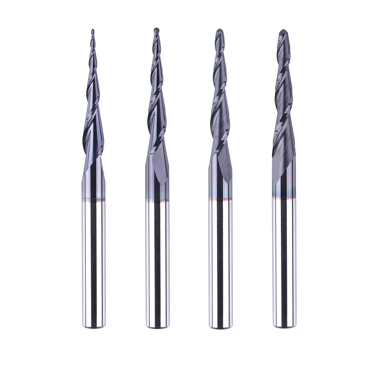 SpeTool EU 4Pcs/Pack R0.25~1.0 Tip 4 mm Tapered TiAlN Coated End Mill Ball Nose Carbide CNC Cutter For Carving Engraving