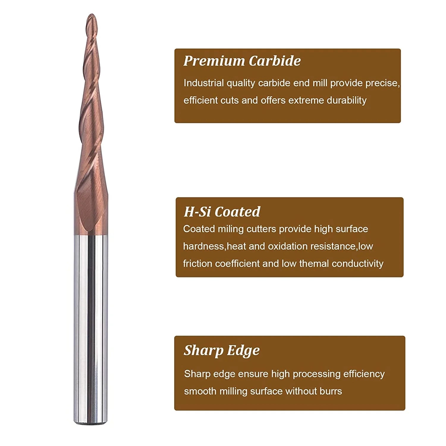 SpeTool 2D/3D Tapered Ball Nose 1.0mm Radius End Mill H-Si Coated
