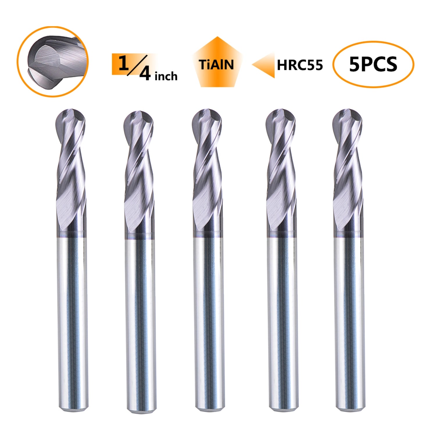 SpeTool 5PCS 2 Flute 1/4 SHK Ball Nose End Mill Cutter CNC Router Bits