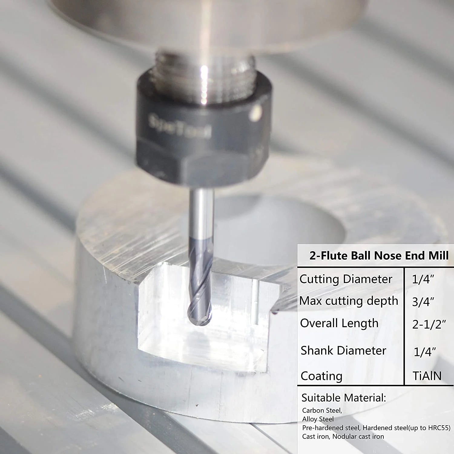 SpeTool 5PCS 2 Flute 1/4 SHK Ball Nose End Mill Cutter CNC Router Bits