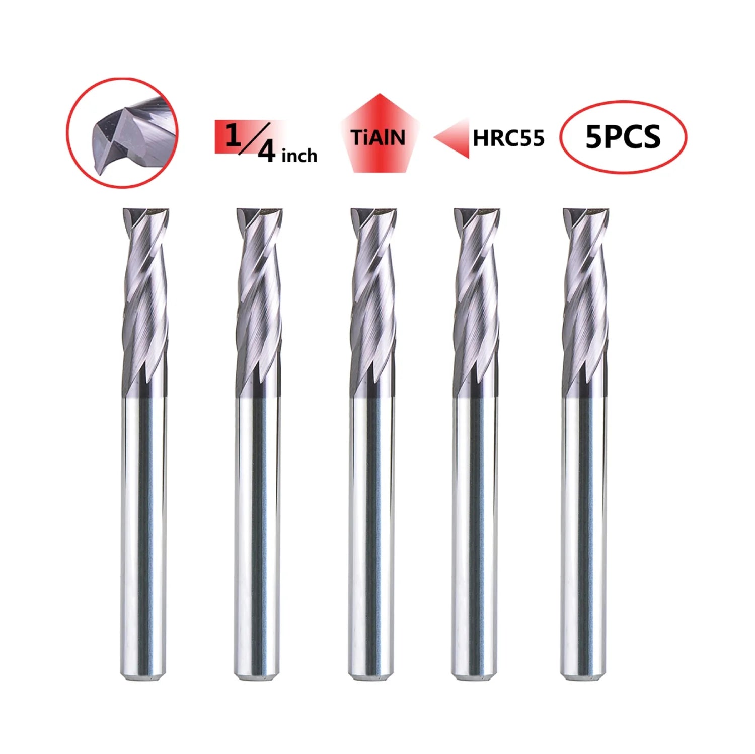 SpeTool 5PCS 2 Flutes 1/4 SHK Square Nose Upcut End Mill Tiain Coated