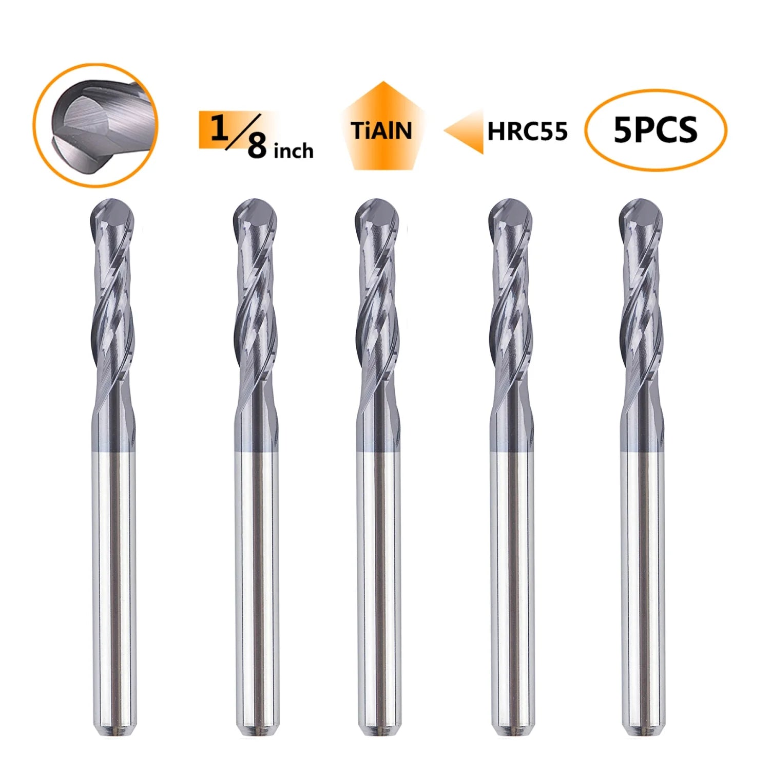SpeTool 5Pcs 2 flute 1/8" Cutting Diameter Carbide Ball Nose CNC Router Bits