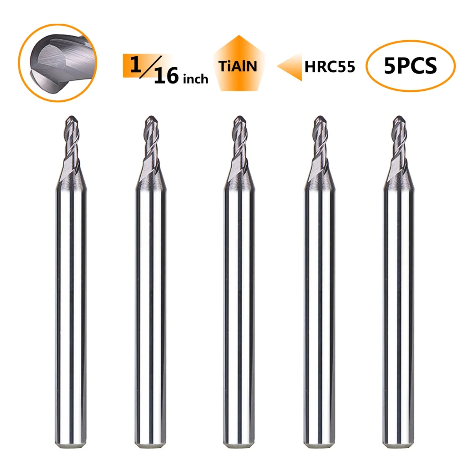 SpeTool 5Pcs 2 Flute 1/16" Dia x 1/8" SHK Carbide Ball Nose CNC End Mill
